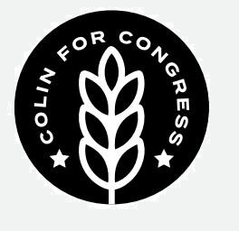 A circular black logo featuring a white stylized leaf or wheat stalk design at the center. The text “COLIN FOR CONGRESS” curves along the top and sides of the circle in white letters. Two small white stars appear near the bottom left and bottom right inside the circle. The design uses simple, bold contrast for a clean and modern campaign-style emblem.
