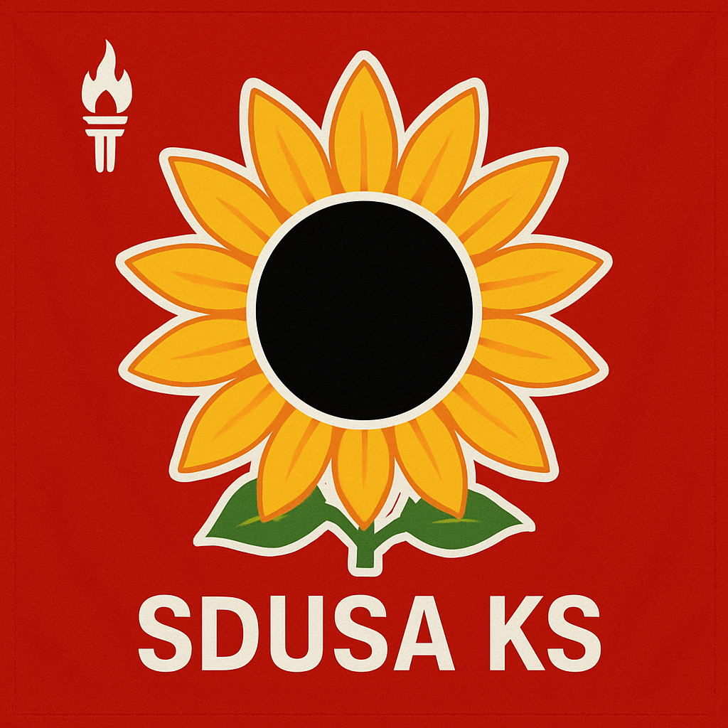 Flag of the Social Democrats in Kansas featuring a sunflower emblem on a red background with the text 'SDUSA KS'.