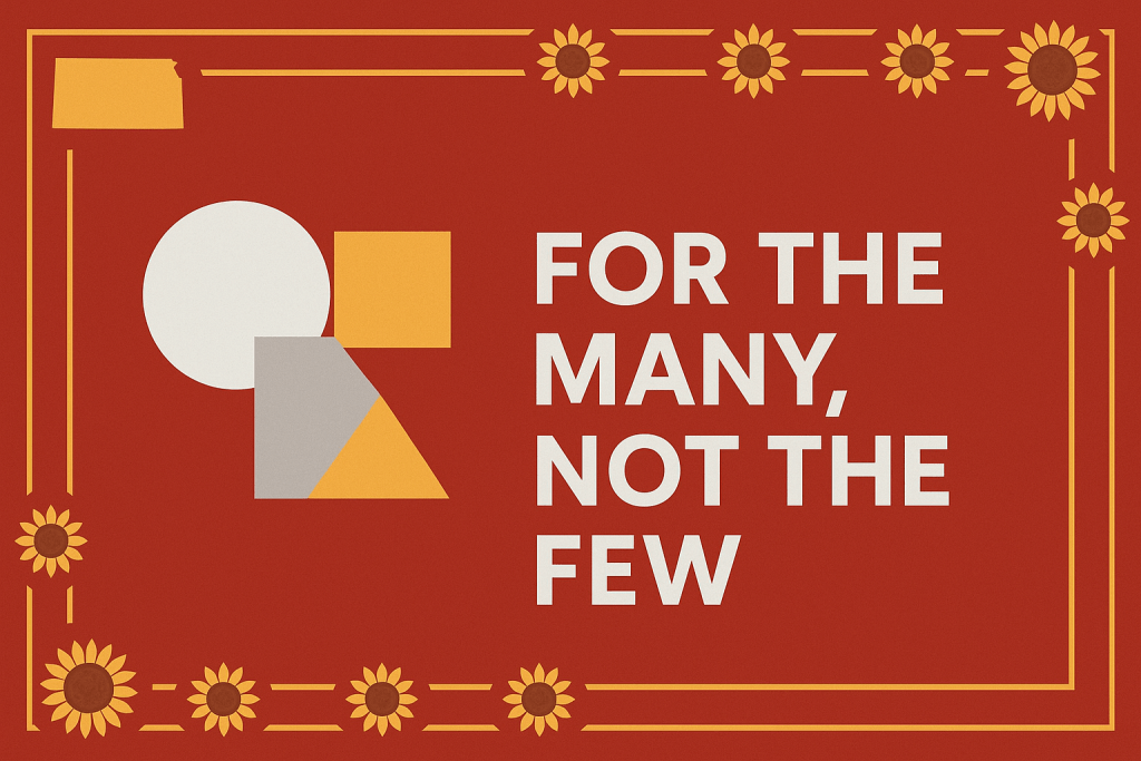 Graphic promoting social democracy with the text 'FOR THE MANY, NOT THE FEW' set against a red background adorned with sunflowers and abstract geometric shapes.