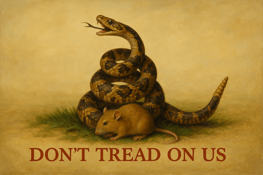 An illustration of a coiled rattlesnake protecting a small mouse on a grassy patch, with its mouth open and rattle raised. Below them, bold red text reads: “DON’T TREAD ON US.” The image is rendered in a classic, painterly style reminiscent of historical protest or resistance iconography.