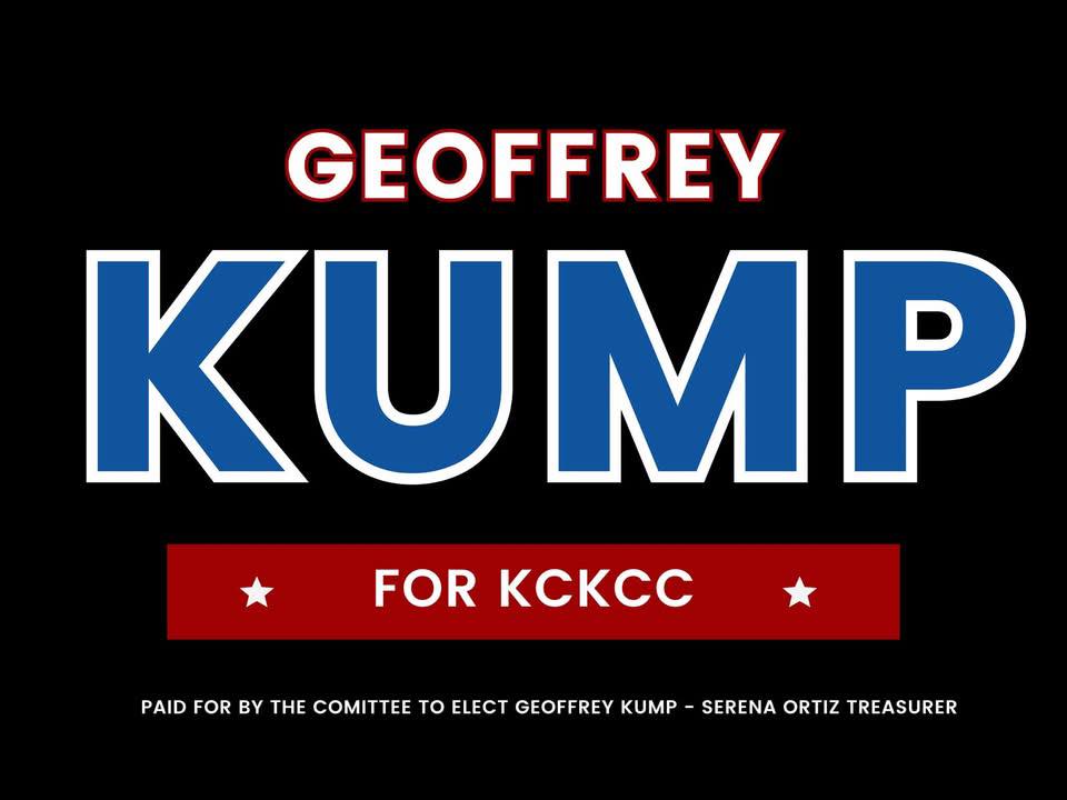 Campaign sign for Geoffrey Kump, candidate for KCKCC, featuring his name in bold letters against a black background.