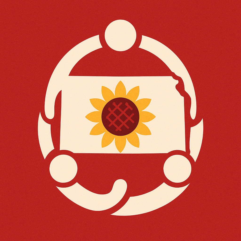 Graphic representation featuring the state of Kansas with a sunflower and circular motifs representing community and solidarity.