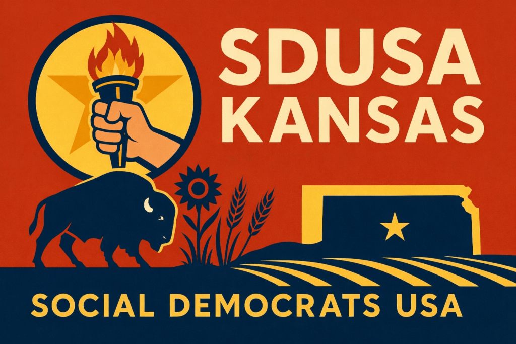 A graphic featuring a stylized hand holding a torch, a buffalo, and agricultural elements, with the text 'SDUSA KANSAS' and 'SOCIAL DEMOCRATS USA' in bold letters against a red and blue background.