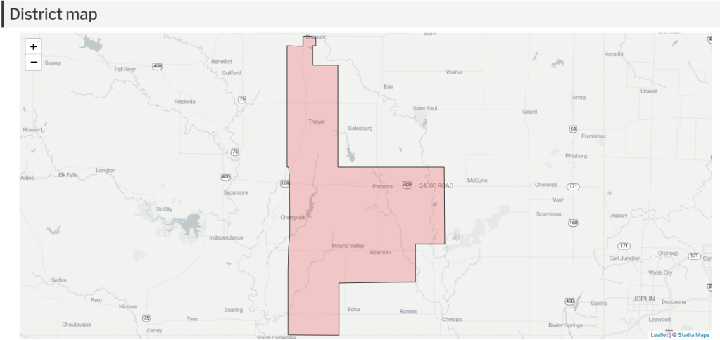 A map of a district in Kansas, highlighted in pink to indicate boundaries, with major roads and nearby towns labeled.